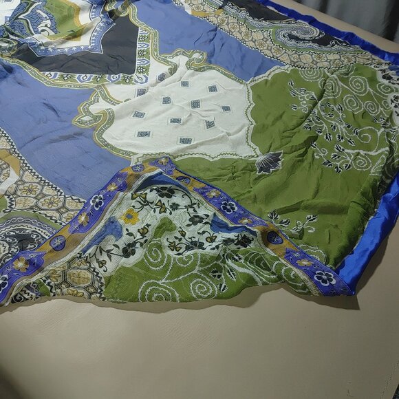 Shawl Wrap Scarf Satin Trim 90 x 42 Multicolor Sheer Floral Geometric Green Blue - Picture 10 of 11